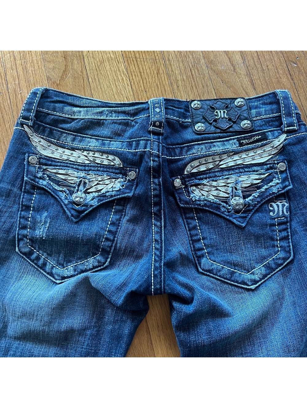 Y2K miss me low rise flared angel wing print jeans